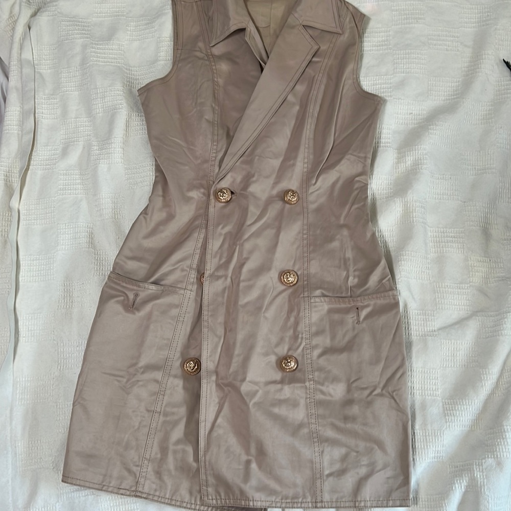 Tan wrap dress with gold lion button details